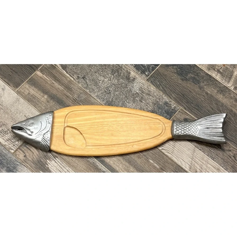 Vtg. Wood Metal Salmon Fish Tray Charcuterie Platter Board Made In Thailand